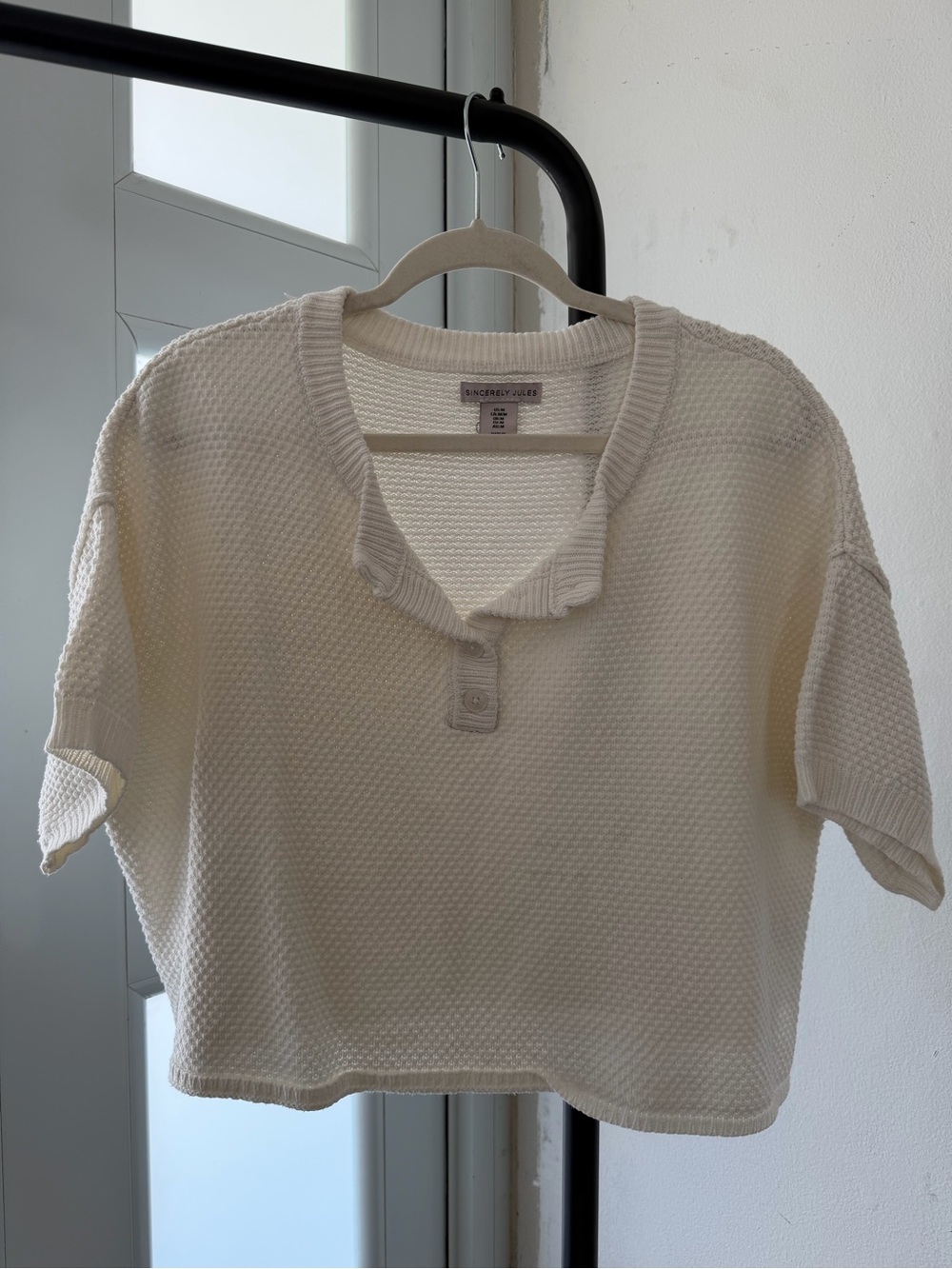 Sincerely Jules Cream Waffle-Knit Short Sleeve Henley Crop Top